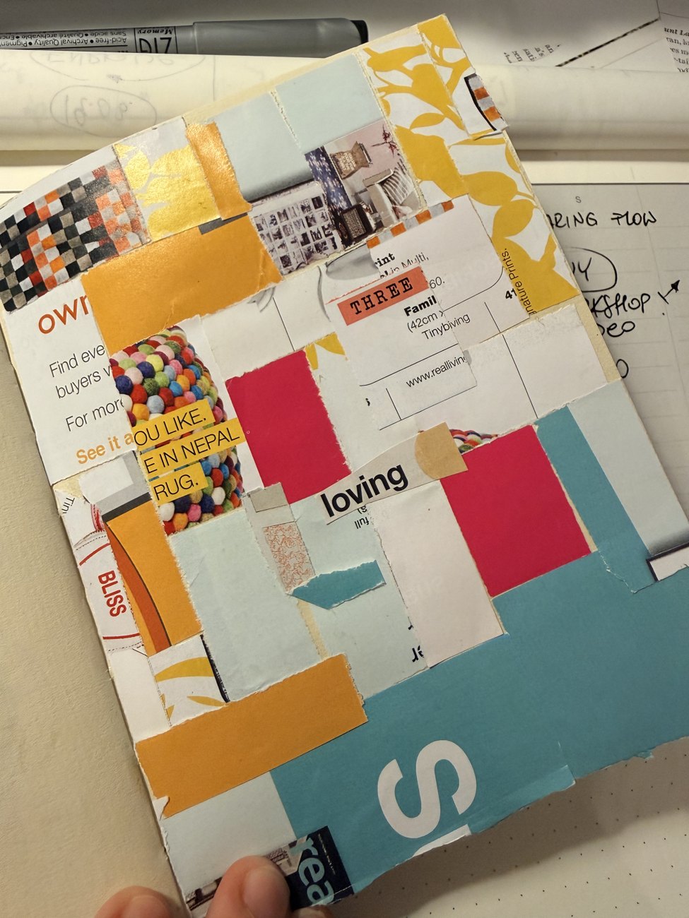 A dense, colourful collage of many small magazine fragments and cut words layered together